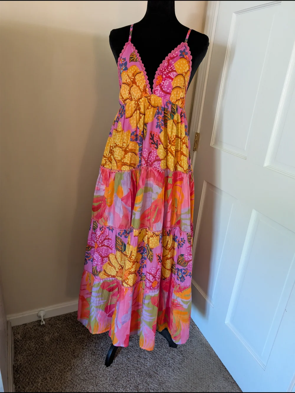 farm rio cotton tiered maxi dress Farm Rio Mixed Pink Prints Maxi Dress, MULTI / XS
